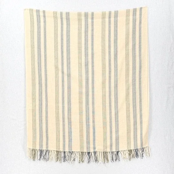 ESCUDO 100% Pima Cotton Handmade in Peru Scarf Cream Blue Stripe Fringe - Picture 7 of 14